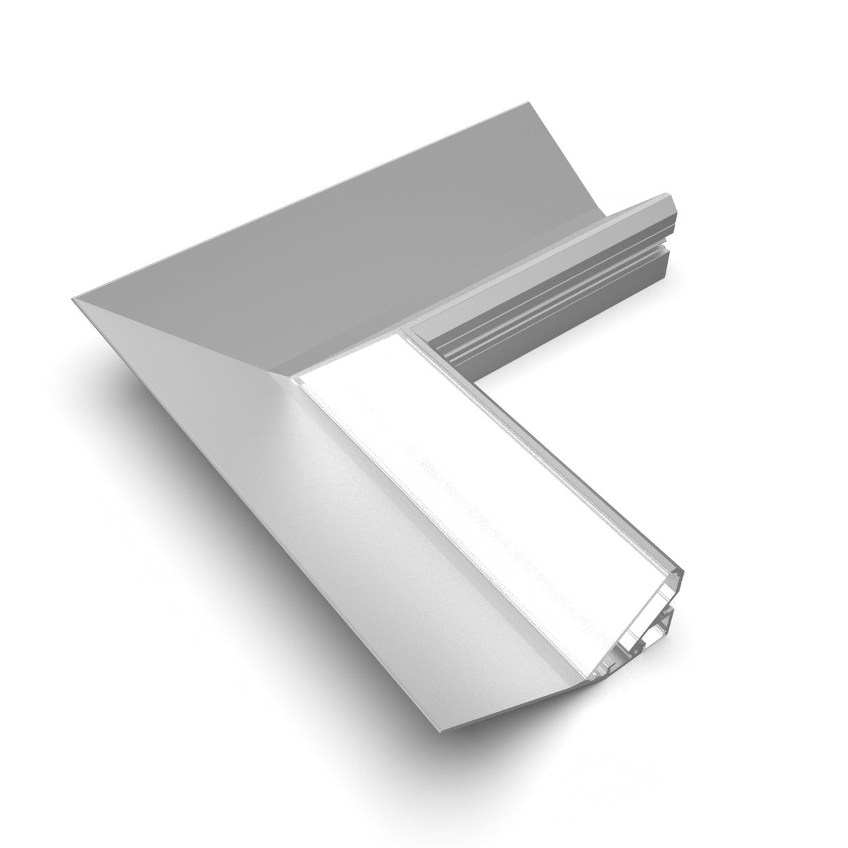 3D render of the Corner Connector for Alu-Ceiling Washer Profile, featuring a metallic, L-shaped design perfect for LED channels or ceiling washer installations, shown on a white background.