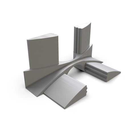 A 3D-rendered abstract metallic sculpture, inspired by the Plastic Corner Connector for Alu-Flat Profile, features four geometric shapes joined by smooth curves at varying heights and angles, set against a white background.