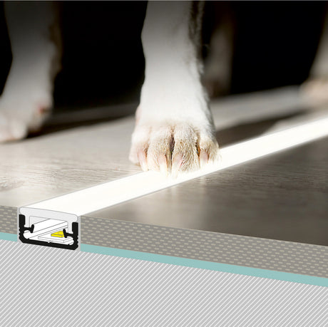 A close-up of a cat’s paw on a sunlit floor with a cross-section diagram showing the Recessed Walk-Over LED Channel for Tiled Floors (Model Floor8), featuring flooring layers, installation details, and aluminum extrusion for integrated lighting.