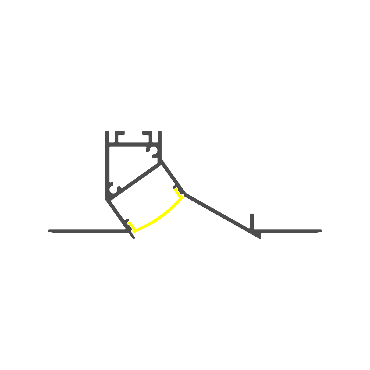 A technical line drawing of the Recessed Wall Wash LED Lighting Channel ~ Model Acapulco, showing an angled aluminum profile with a curved yellow line highlighting part of the lower inner edge, on a white background.