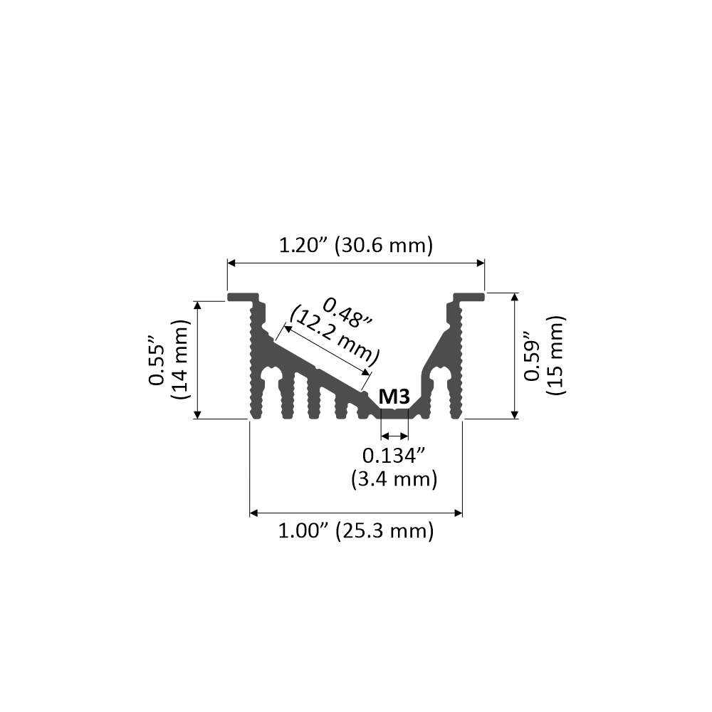 Cross-section diagram of the LED Strip Vaulted Ceiling Light Channel ~ Model Alu-Asymmetric, showing dimensions in inches and mm, labeled M3 hole, internal angles, holes, notches. Main dims: 1.20" width, 0.55"/0.59" height, 1.00" base.