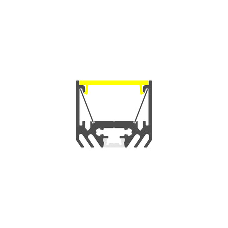 Cross-section diagram of the Surface Mount LED Strip Channel ~ Model Alu-Epoxy2, showing a black and gray aluminum profile with a yellow highlighted top segment and angled inner lines, ideal for LED strips, on a white background.