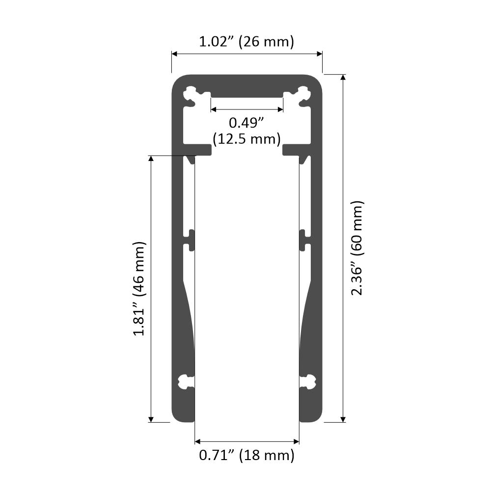 LED Glass Railing Edge-Lit LED Strip Channel ~ Model Alu-Glass - dimensions drawing - Wired4Signs USA - Buy LED lighting online