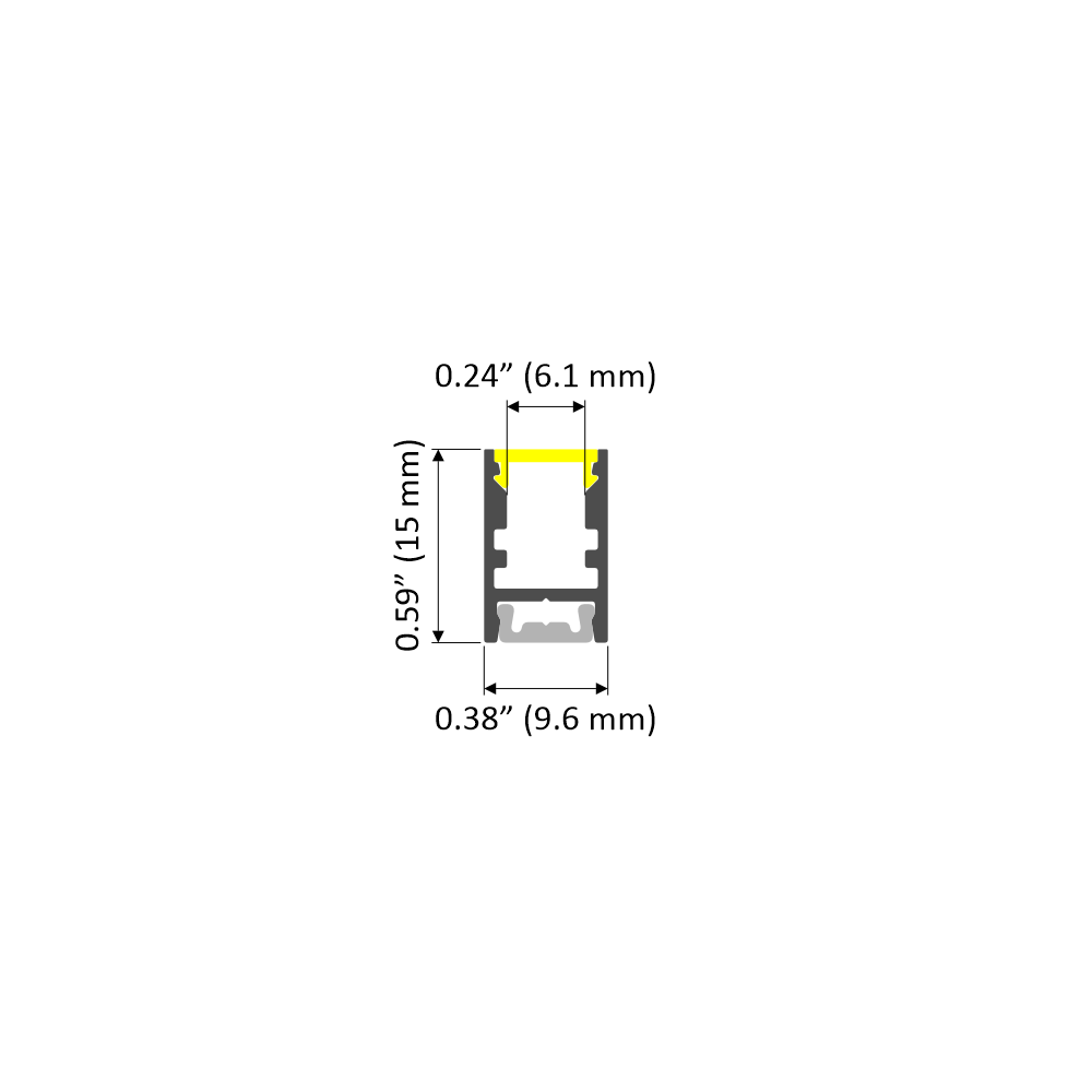 Cross-sectional diagram of the Thin Surface Mount LED Strip Channel (Model Alu-Swiss) with labeled dimensions: 0.24 (6.1 mm) wide, 0.38 (9.6 mm) deep, and 0.59 (15 mm) high; the top section is highlighted in yellow.