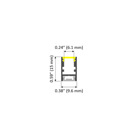Cross-sectional diagram of the Thin Surface Mount LED Strip Channel (Model Alu-Swiss) with labeled dimensions: 0.24 (6.1 mm) wide, 0.38 (9.6 mm) deep, and 0.59 (15 mm) high; the top section is highlighted in yellow.