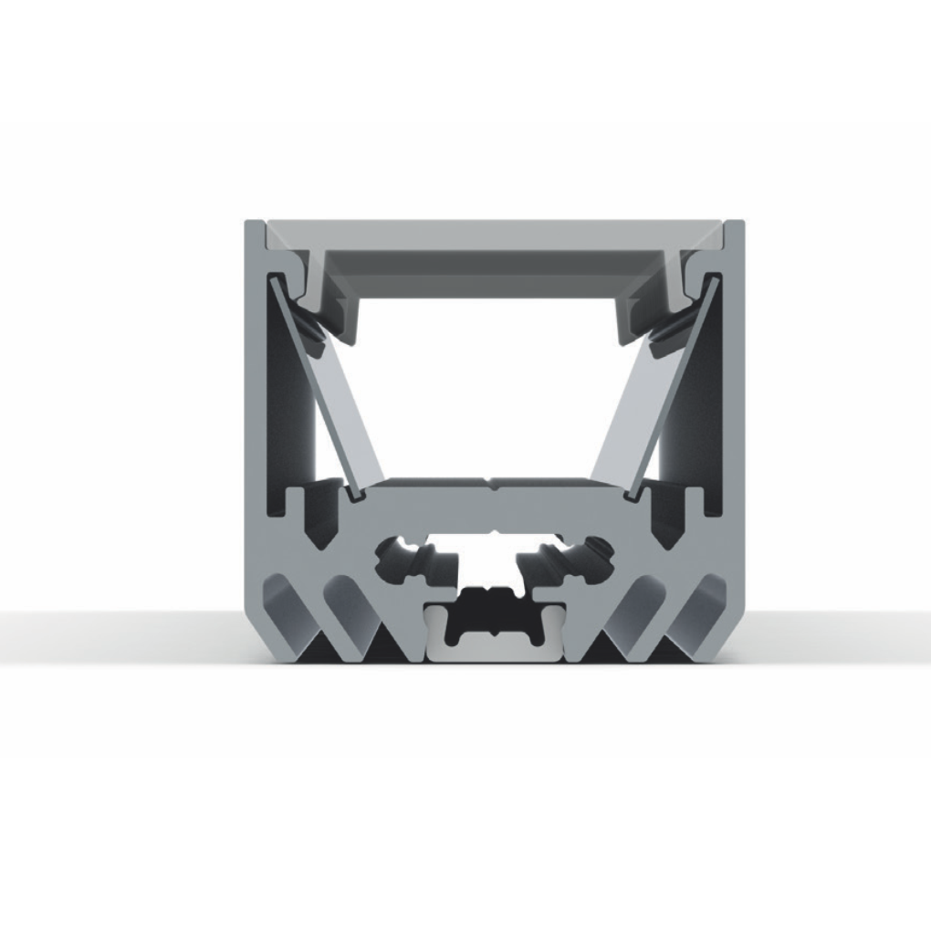 A cross-sectional view of the Surface Mount LED Strip Channel ~ Model Alu-Epoxy2, a gray rectangular aluminum profile with internal angled supports and multiple slots and grooves that act as a heat sink for LED strips.