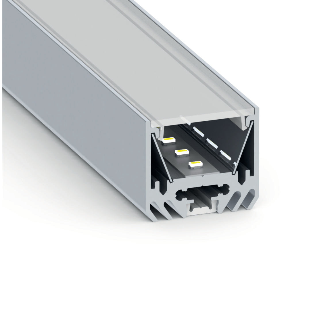 Close-up of the Surface Mount LED Strip Channel, Model Alu-Epoxy2, showing its aluminum heat sink design, interior LED strips beneath a frosted cover, and detailed grooves with mounting tracks for easy installation.