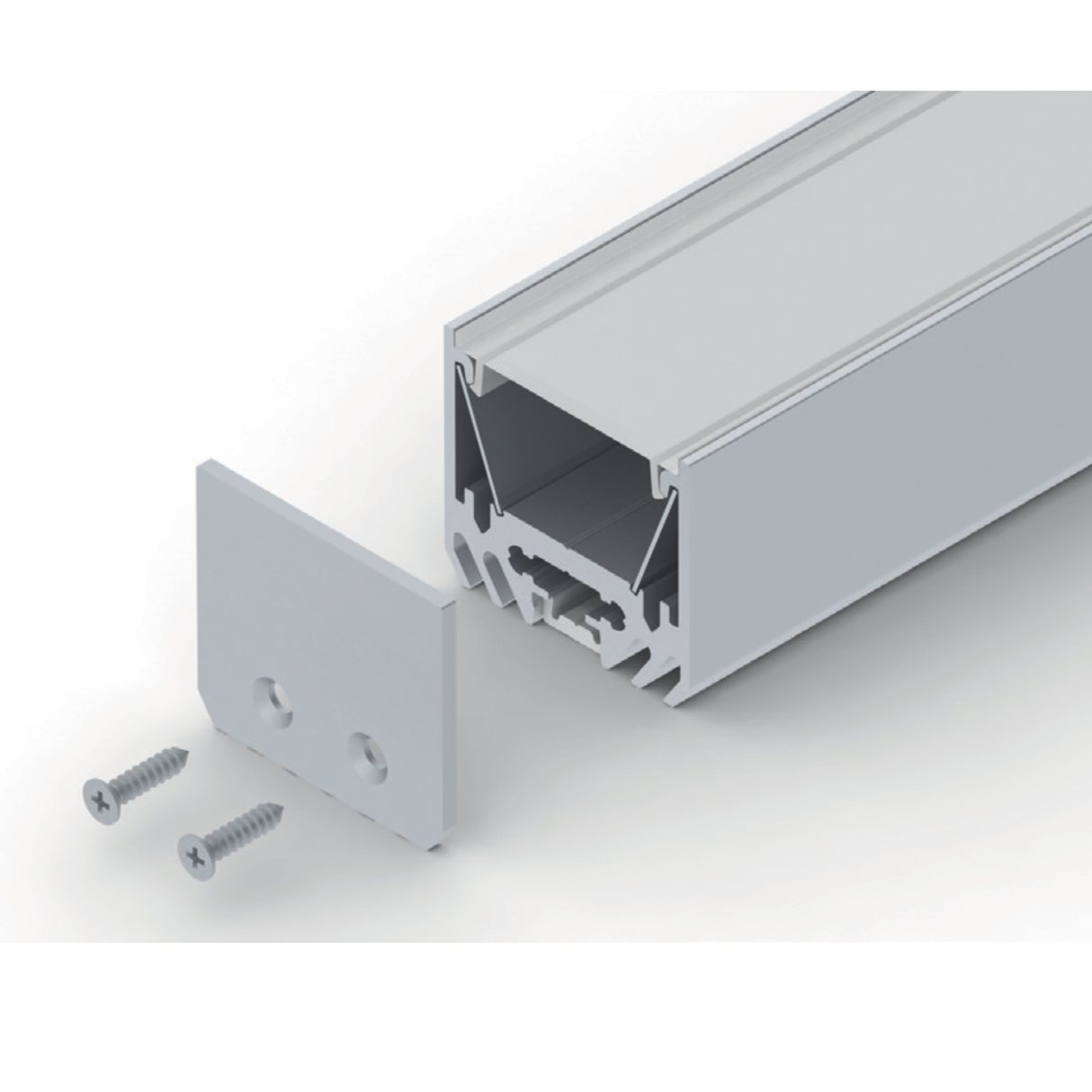 The Surface Mount LED Strip Channel ~ Model Alu-Epoxy2 features a rectangular aluminum profile, an end cap with two mounting holes, and two screws for easy assembly—perfect as a heat sink for LED strips.