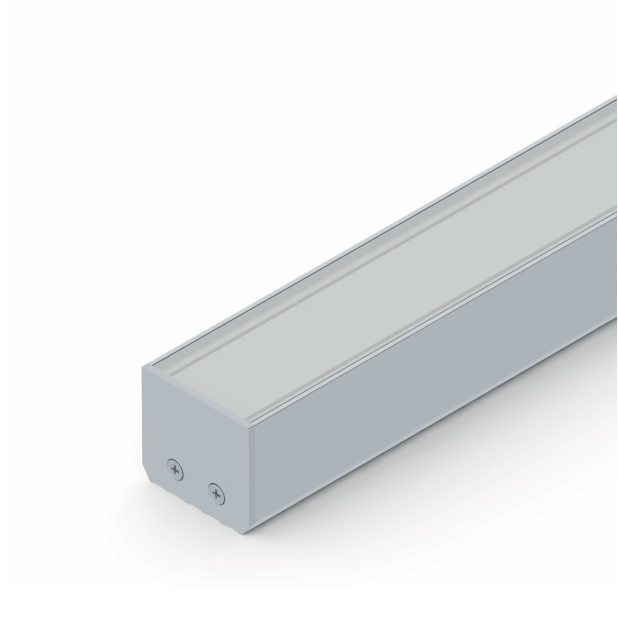 A close-up of the Surface Mount LED Strip Channel ~ Model Alu-Epoxy2 shows its rectangular, silver aluminum profile with a frosted cover and two end-cap screws, acting as a heat sink against a white background.