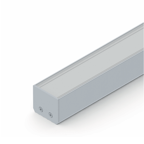 A close-up of the Surface Mount LED Strip Channel ~ Model Alu-Epoxy2 shows its rectangular, silver aluminum profile with a frosted cover and two end-cap screws, acting as a heat sink against a white background.