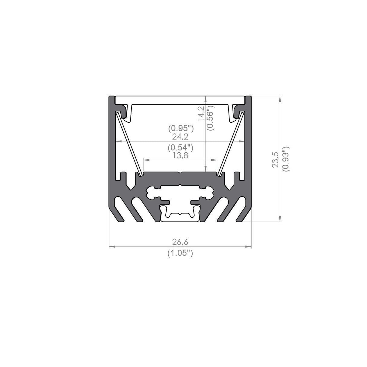 Technical drawing of Surface Mount LED Strip Channel Model Alu-Epoxy2 cross-section, showing internal widths of 26.6 mm (1.05 in), 24.2 mm (0.95 in), and a height of 23.5 mm (0.93 in) labeled in millimeters and inches.