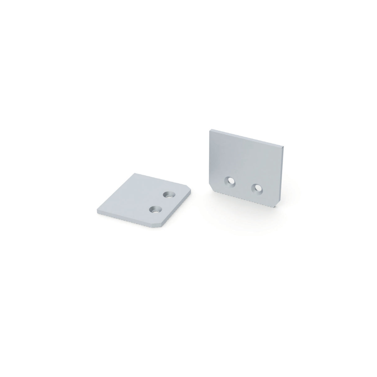 Two small, flat, rectangular End Caps for Alu-Epoxy2 Profile, each with two holes. One end cap lies flat while the other stands upright, both displayed on a white background.