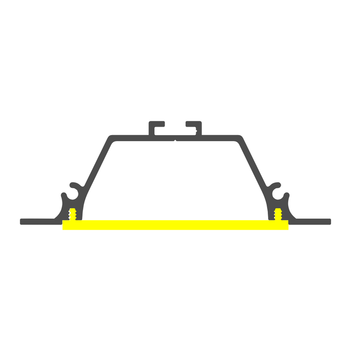 A simple line drawing of the Shallow Ceiling Recessed LED lighting Chanel ~ Model Amara, featuring a geometric trapezoidal shape with two side hooks and a yellow base, designed for recessed lighting on a white background.