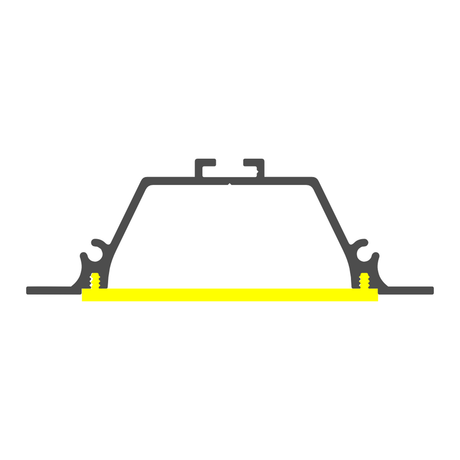A simple line drawing of the Shallow Ceiling Recessed LED lighting Chanel ~ Model Amara, featuring a geometric trapezoidal shape with two side hooks and a yellow base, designed for recessed lighting on a white background.