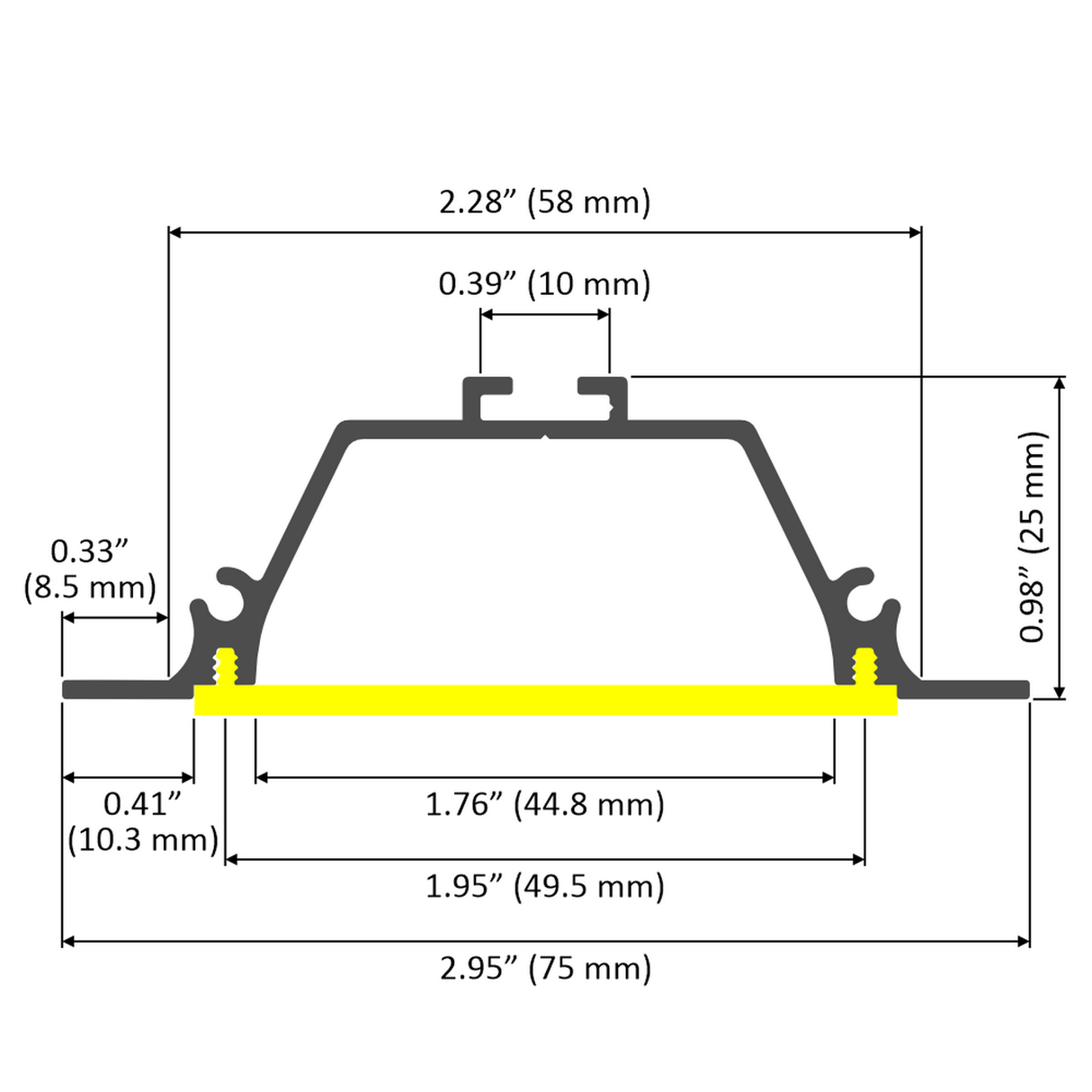 Technical diagram of the Shallow Ceiling Recessed LED Lighting Channel, Model Amara, showing detailed measurements (inches and millimeters) of widths, heights, and features. Includes a yellow base segment for recessed lighting applications.