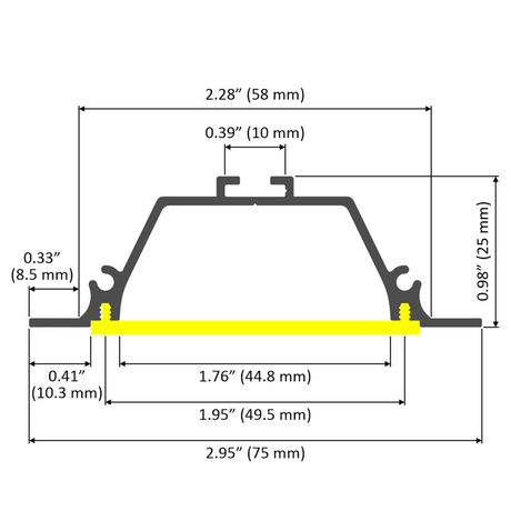 Technical diagram of the Shallow Ceiling Recessed LED Lighting Channel, Model Amara, showing detailed measurements (inches and millimeters) of widths, heights, and features. Includes a yellow base segment for recessed lighting applications.