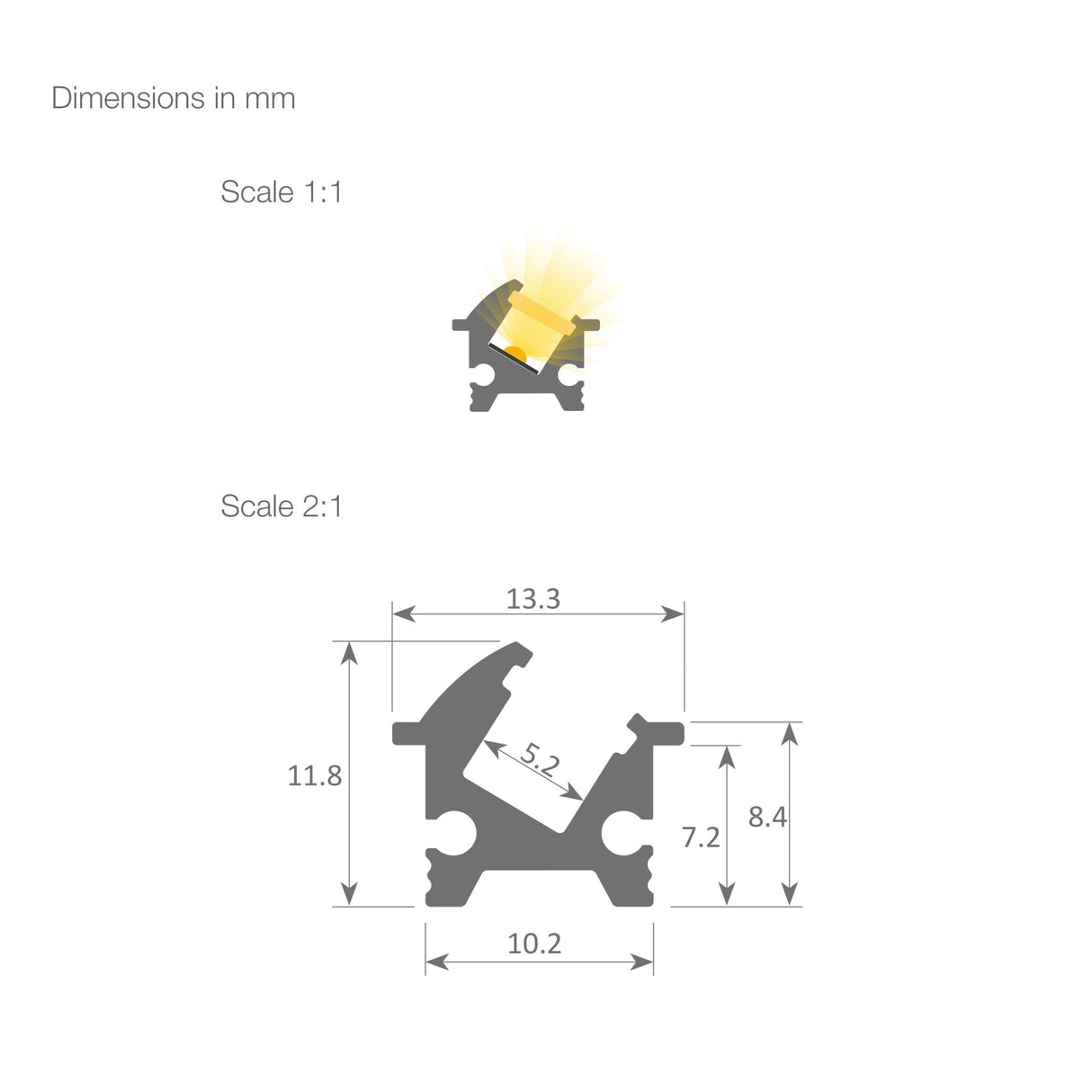Technical diagram of the Recessed Angular LED Channel, Model Amsterdam Mini, shows widths and heights in millimeters on two scales. A small upper section is highlighted with yellow light, typical for architectural lighting designs.