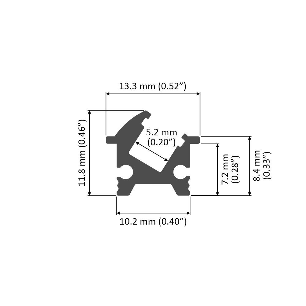 A technical diagram of the Recessed Angular LED Channel (Model Amsterdam Mini) shows a cross-sectional profile for architectural lighting, with labeled dimensions: width 13.3 mm (0.52), height 11.8 mm (0.46), plus other inner measurements.