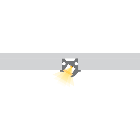 Minimalist illustration of the Recessed Angular LED Channel ~ Model Amsterdam Mini, an aluminum overhead fixture mounted on a gray ceiling beam, casting a yellow cone of light onto a white background.