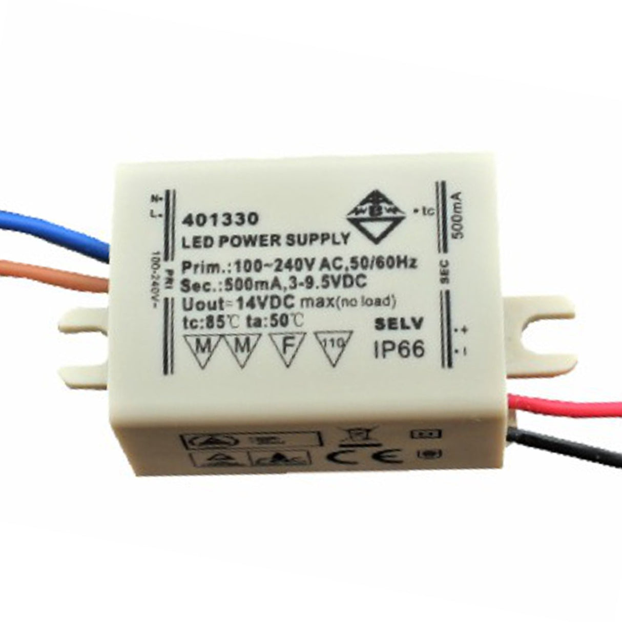 The Single Output Mini LED Constant Current Driver (350mA) is a rectangular power supply with printed specs, 100-240V AC input, constant 3.9-5V DC output at 350mA, and attached wires on both sides for easy installation.