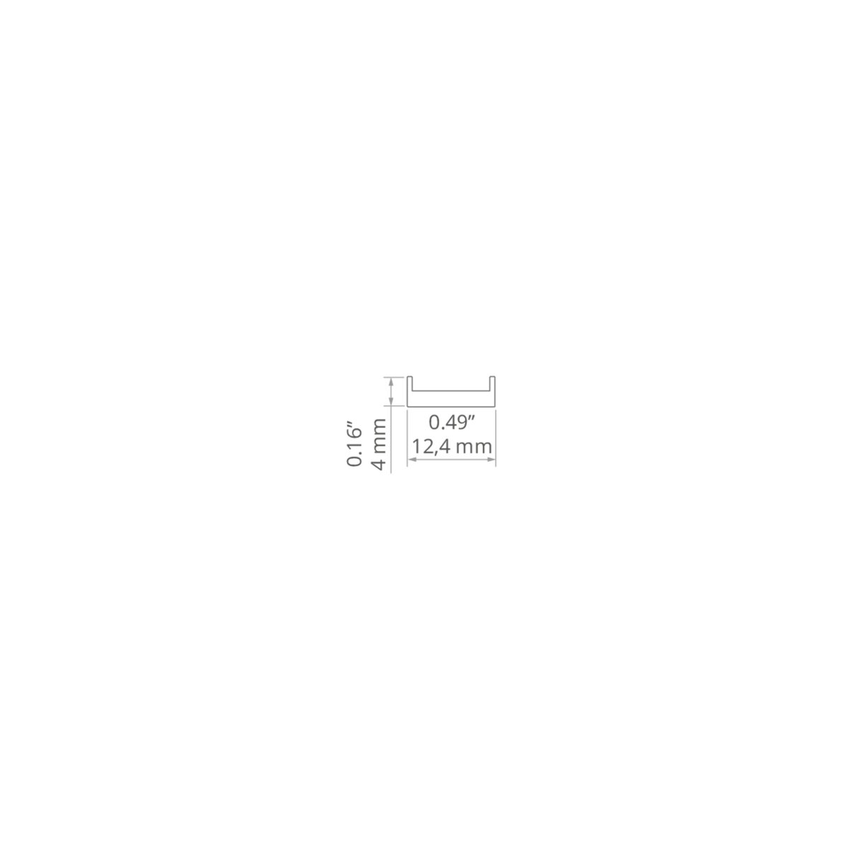 Technical drawing of the LED Channel Cover ~ HS, a small L-shaped polycarbonate object with labeled dimensions: height 0.16 inches (4 mm) and width 0.49 inches (12.4 mm), displayed in a minimal layout on a white background.