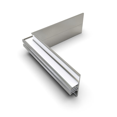 A 3D rendered image of a 90 Degree Corner Connector for the Back10 Profile, designed in silver aluminum with an L-shaped design and recessed frosted diffuser, intended for architectural or interior LED channel installations, shown on a white background.