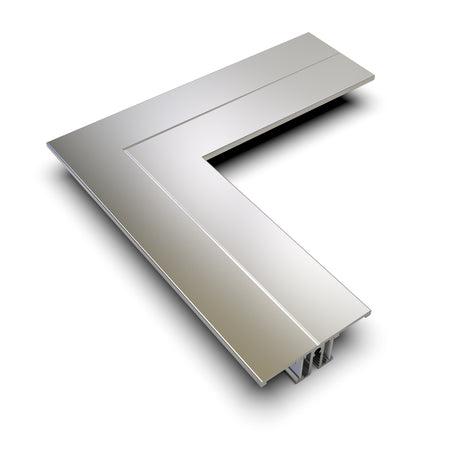 The 90 Degree Corner Connector for Back10 Profile features a metallic L-shape with a brushed finish, viewed at an angle against a white background—perfect for neatly joining LED channels in the Back10 system.