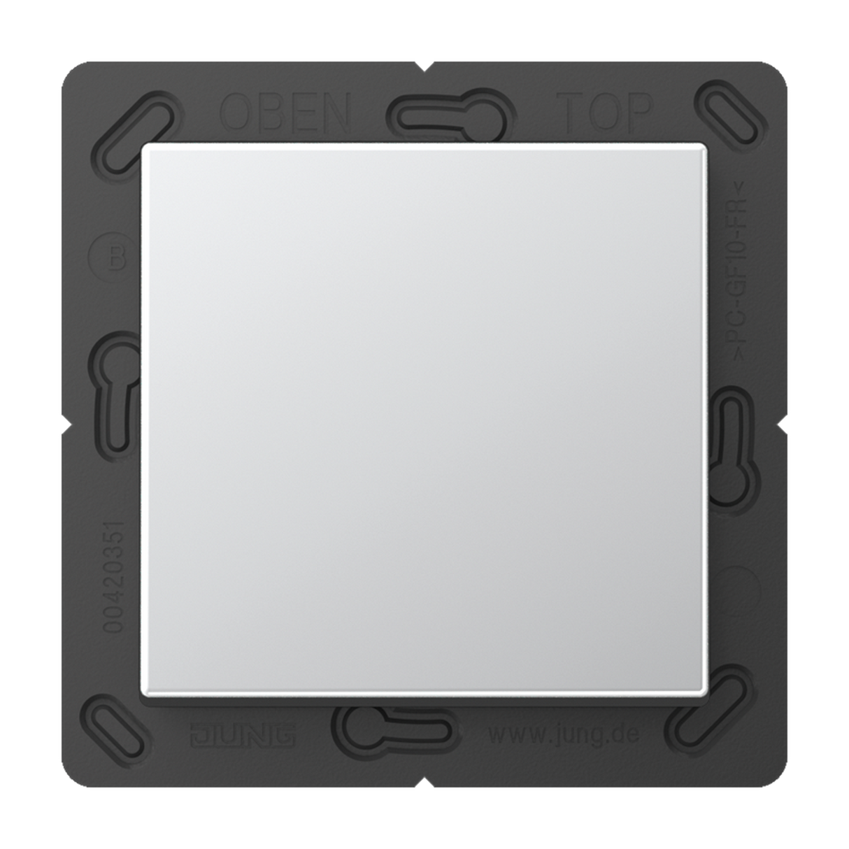 A square, silver Casambi 1-Button Wireless Wall Switch (Model Jung BLE A 590) is mounted on a black plastic frame with visible markings and slots around the edges.