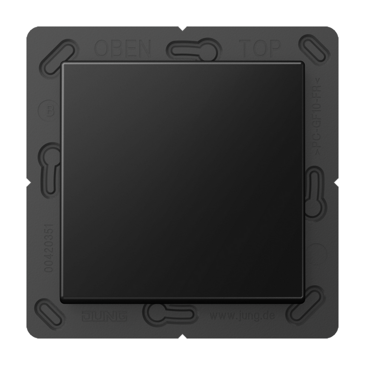 A black, square Casambi 1-Button Wireless Wall Switch (Model Jung BLE A 590) with rounded corners is mounted on a dark gray frame featuring slots, "OBEN"/"TOP" markings at the top, and branding at the bottom.