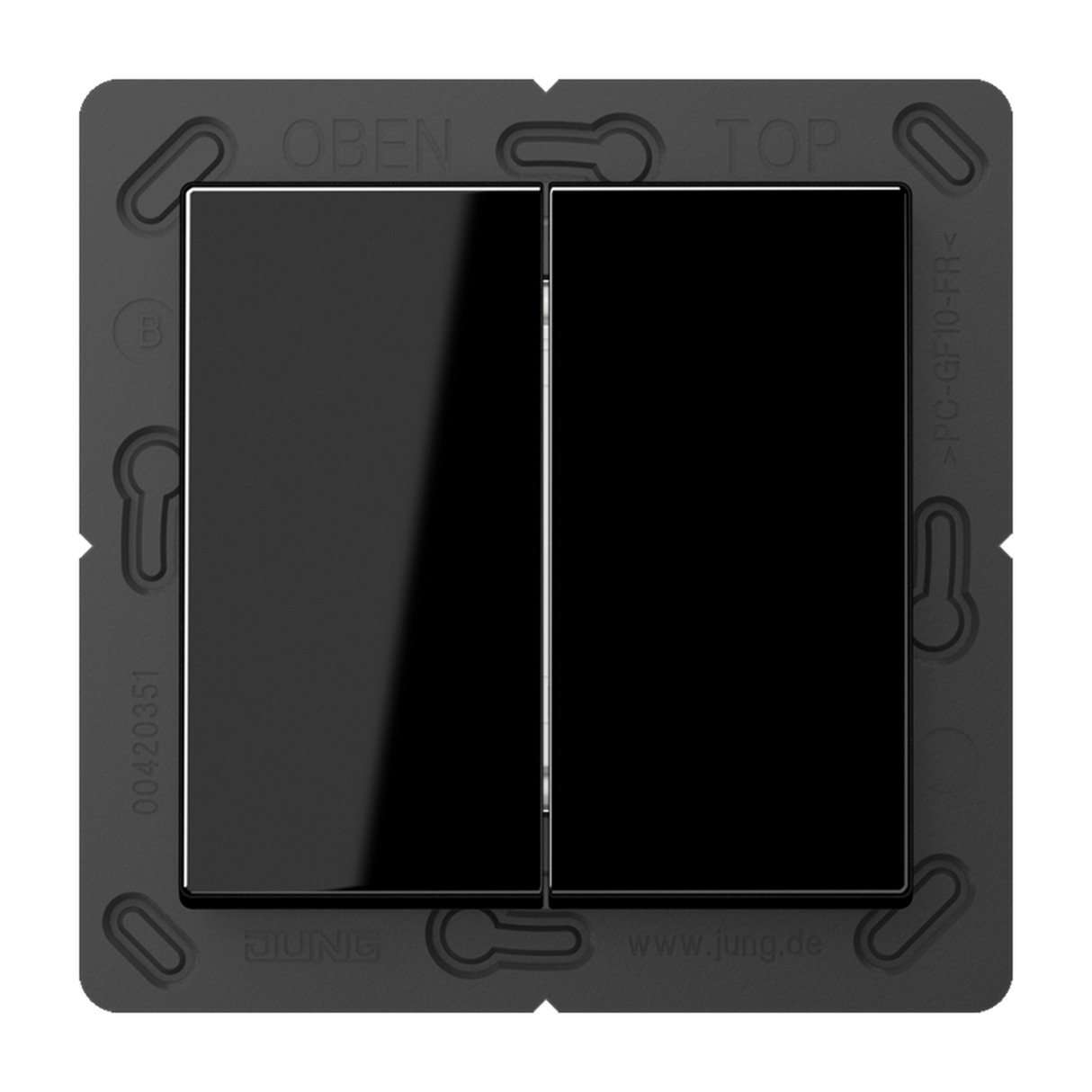 A close-up of the Casambi 2-Button Wireless Wall Switch, Model Jung BLE A 595, with a glossy finish and dark frame. "OBEN" and "TOP" are engraved at the top. This battery-free switch features two side-by-side buttons.