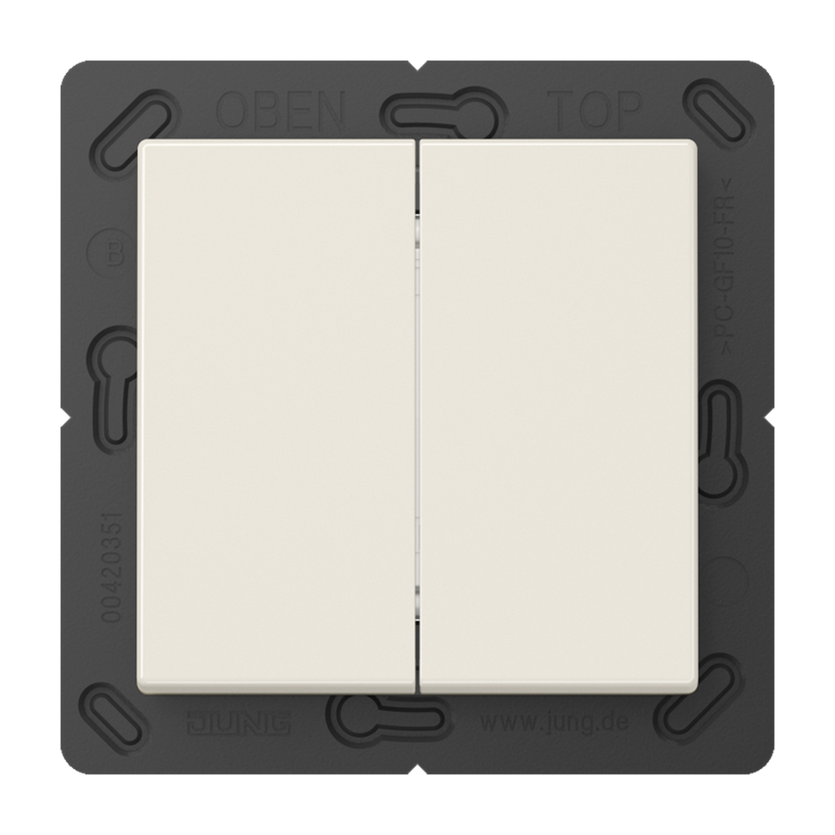 The Casambi 2-Button Wireless Wall Switch (Model Jung BLE A 595) is a white double switch on a black square base, labeled OBEN and TOP at the top edge, with border markings and operates battery-free.