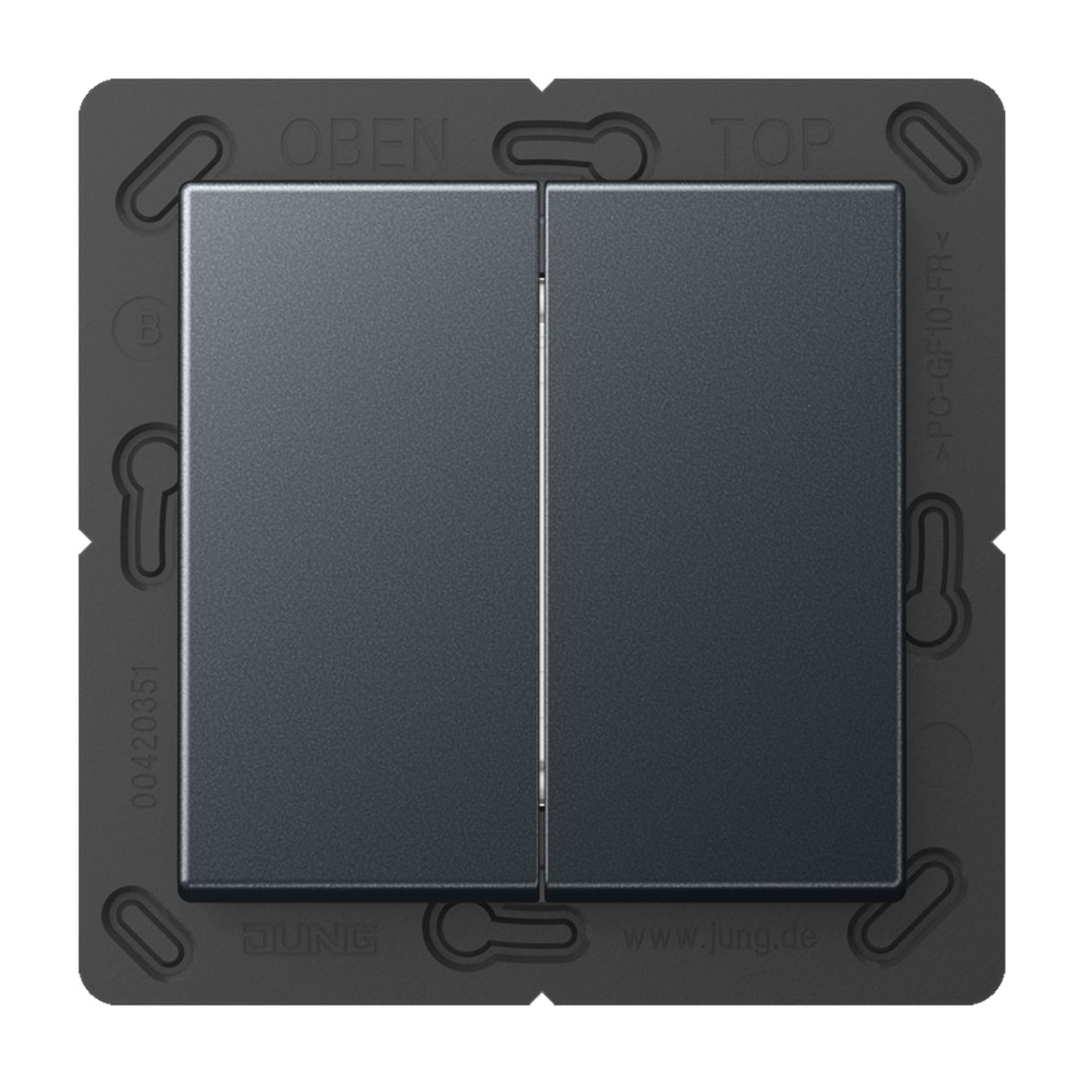 The Casambi 2-Button Wireless Wall Switch (Model Jung BLE A 595) is a black dual rocker switch with OBEN and TOP embossed at the top, technical markings on the frame, and is battery-free.