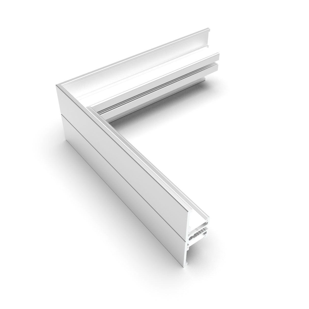 The 90 Degree Corner Connector for Back10 Profile is a white aluminum L-shaped frame segment with grooves and ridges for modular assembly, compatible with LED channels, shown on a plain white background.
