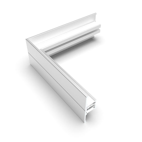The 90 Degree Corner Connector for Back10 Profile is a white aluminum L-shaped frame segment with grooves and ridges for modular assembly, compatible with LED channels, shown on a plain white background.