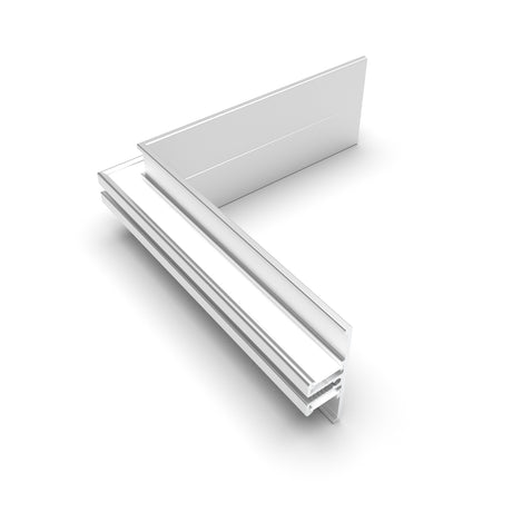 A 3D rendering shows two white aluminum Back10 Profiles joined in an L-shape by a 90 Degree Corner Connector, commonly used for framing or structural support, set against a plain white background.