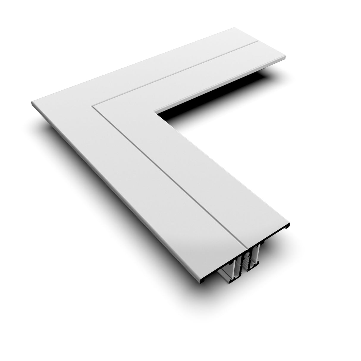 A 3D-rendered image of the 90 Degree Corner Connector for Back10 Profile, featuring an L-shaped white metal frame with exposed internal structure at one end, set against a white background.