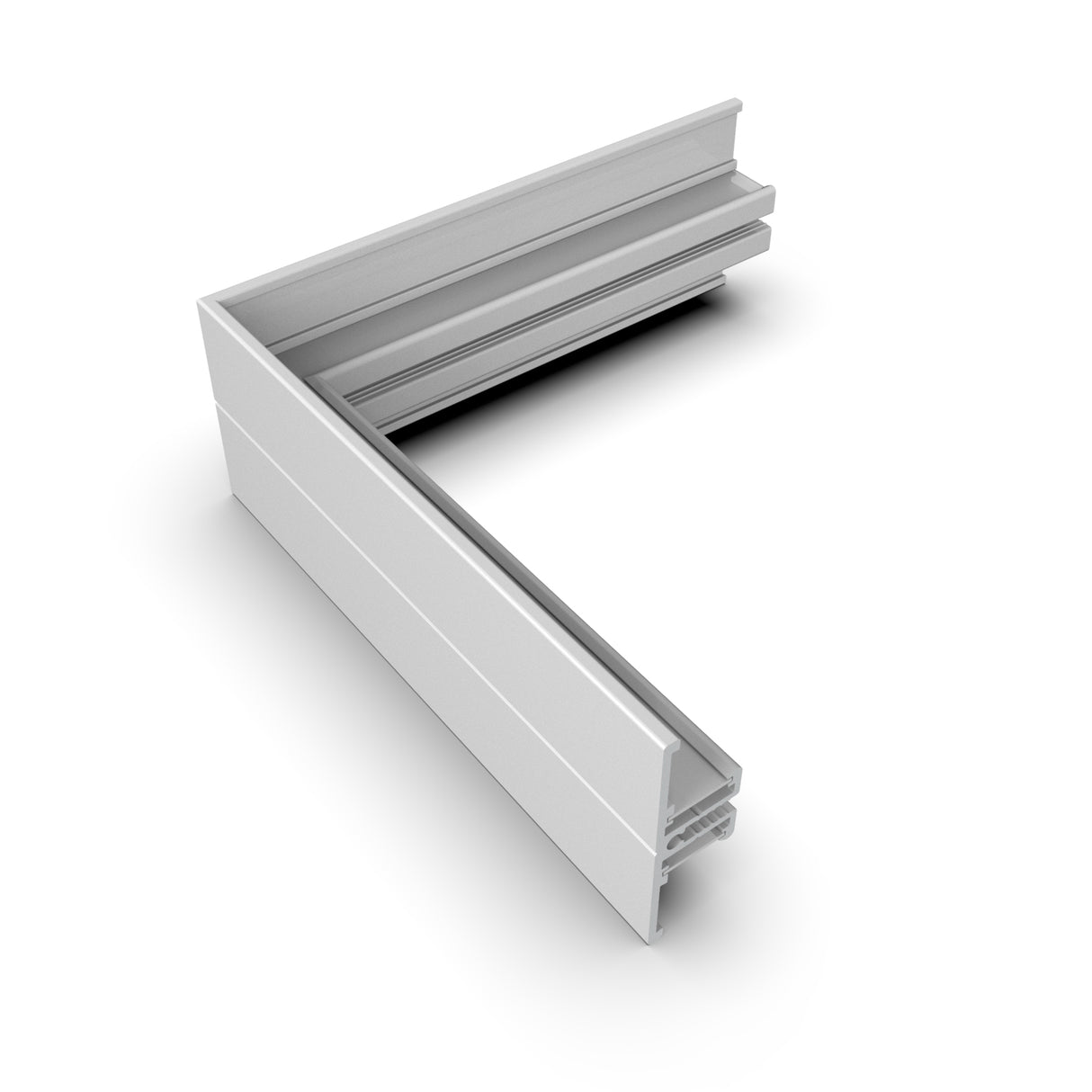 A 90 Degree Corner Connector for Back10 Profile is shown in silver aluminum, featuring grooves and slots on an L-shaped frame. This connector fits Back10 systems and is perfect for construction or assembly, displayed angled on a white background.