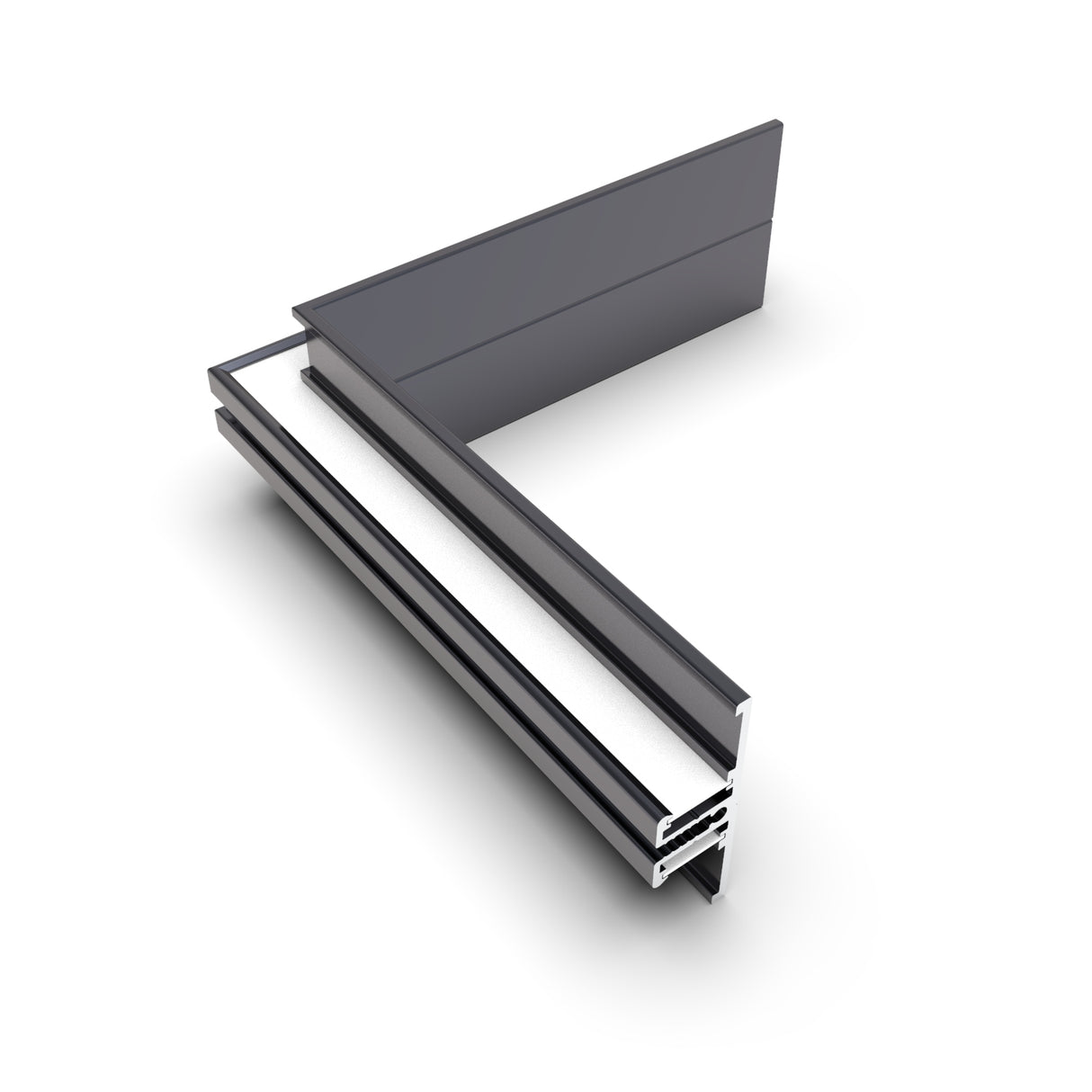 A 3D rendering showcases the 90 Degree Corner Connector for Back10 Profile in dark gray metal, revealing cross-section layers with insulation and gasket details, set against a white background.