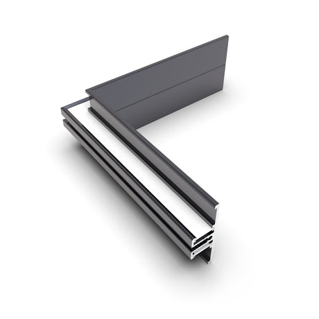 A 3D rendering showcases the 90 Degree Corner Connector for Back10 Profile in dark gray metal, revealing cross-section layers with insulation and gasket details, set against a white background.