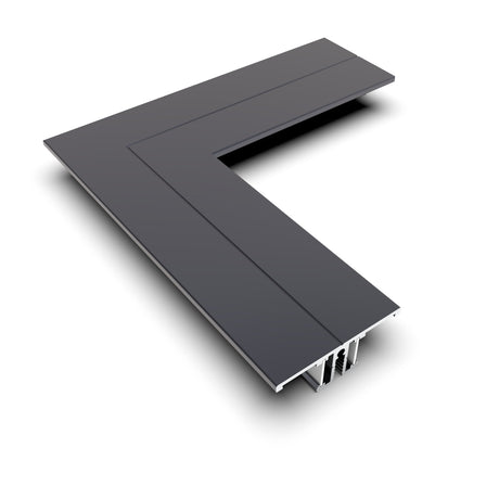 A 3D rendering of the 90 Degree Corner Connector for Back10 Profile in dark gray metal, showing its internal cross-section, perfect for LED channels, set against a white background.