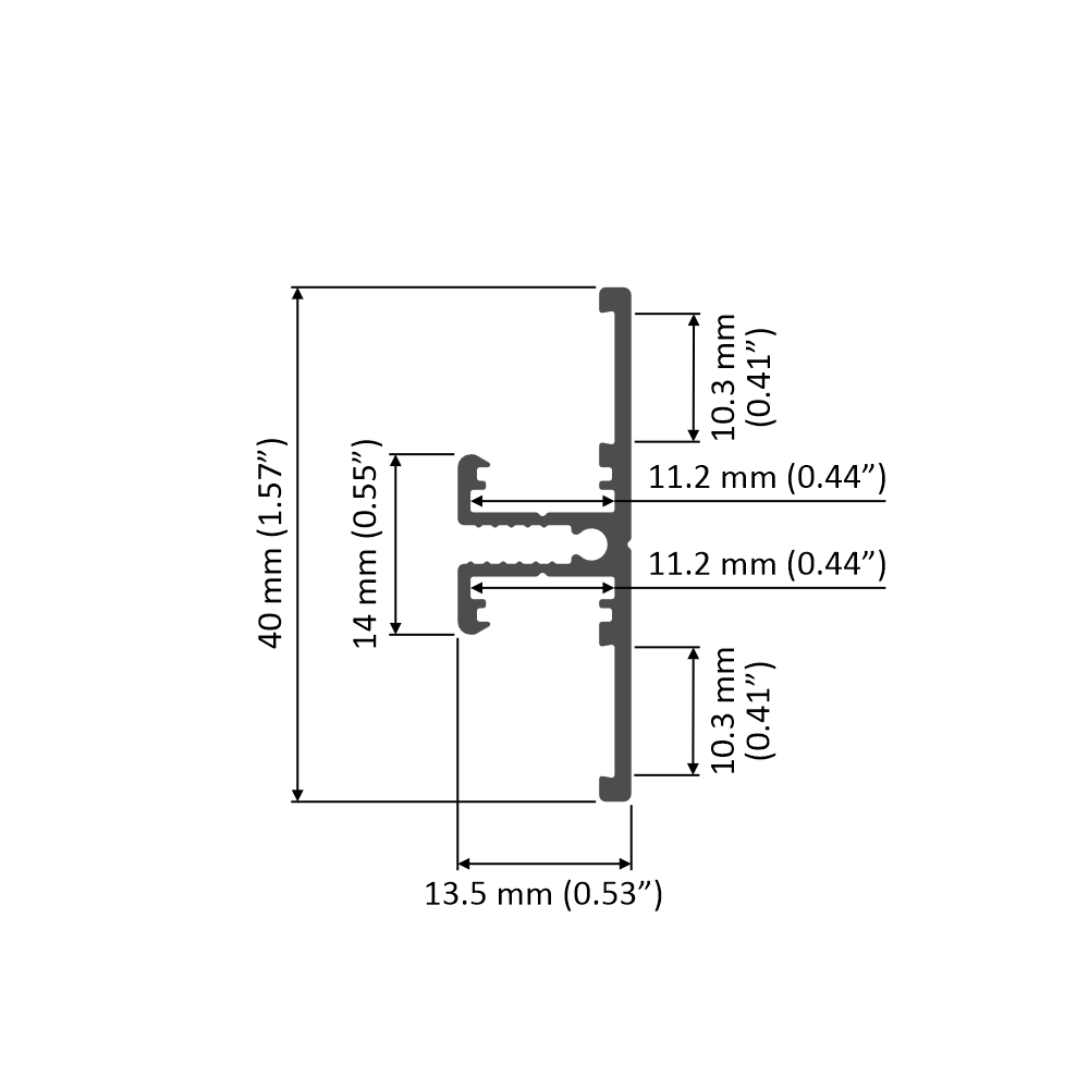 Cross-sectional diagram of the Dual Backlighting Wall LED Channel (Model Back10), ideal for LED channel use, with labeled dimensions: 40 mm tall, 13.5 mm wide, 14 mm inner height, two 11.2 mm and two 10.3 mm segments (imperial in parentheses).