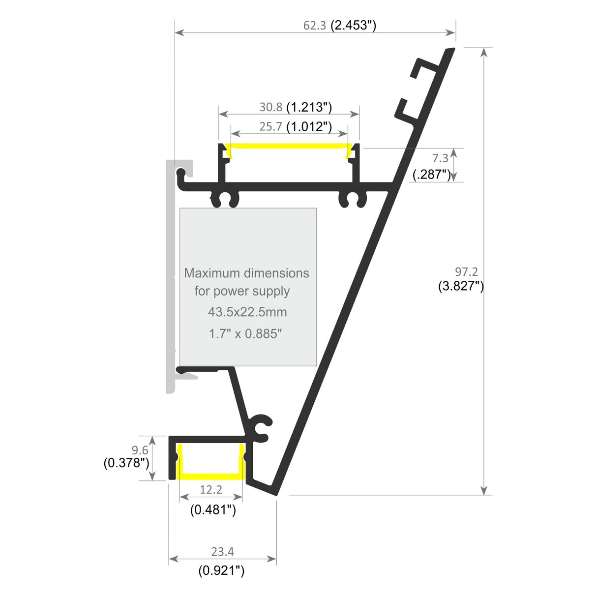 Technical diagram of the Up and Down Ceiling Wall Wash LED Profile ~ Model Badalona, with labeled dimensions in mm/inches, max power supply size, and highlighted positions for mounting or LED strips—ideal for flexible lighting.