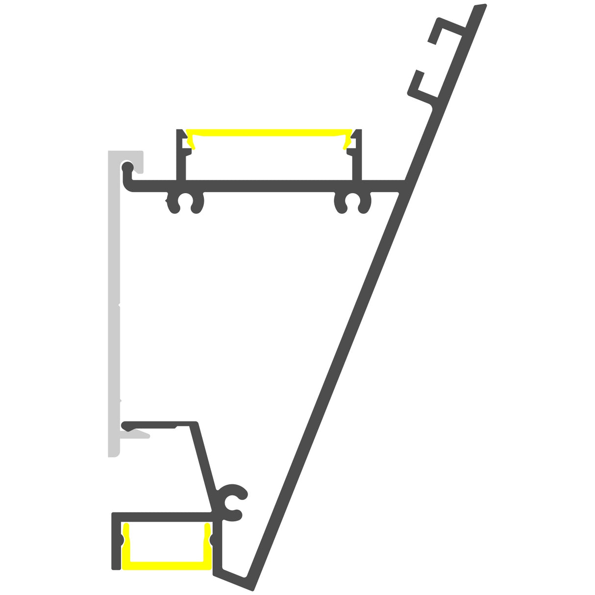 A technical drawing of the Up and Down Ceiling Wall Wash LED Profile ~ Model Badalona shows an angled cross-section with black and gray lines, highlighting two yellow areas for versatile lighting applications or materials.