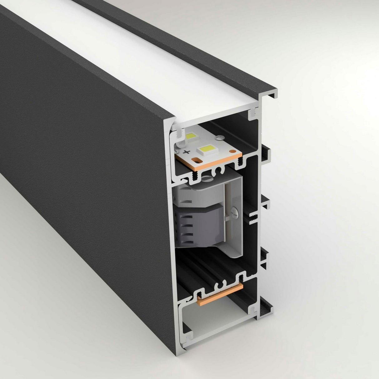 A close-up of the Up & Down Wall Feature Lighting LED Profile ~ Model New Washington shows its black rectangular aluminum body, white diffuser cover, internal wiring, and LED strip—ideal for architectural accent or up & down lighting.