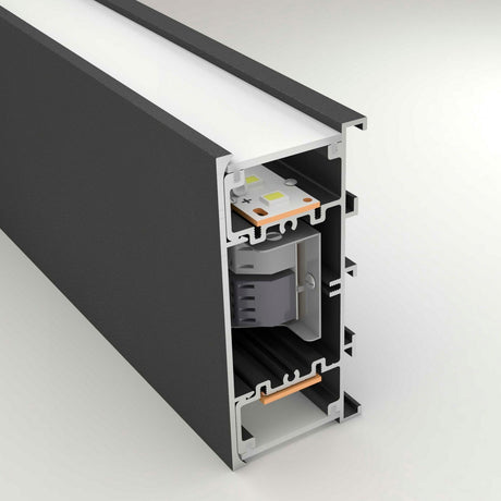 A close-up of the Up & Down Wall Feature Lighting LED Profile ~ Model New Washington shows its black rectangular aluminum body, white diffuser cover, internal wiring, and LED strip—ideal for architectural accent or up & down lighting.