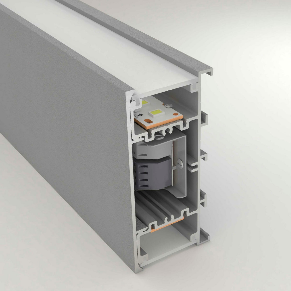 A close-up of the Up & Down Wall Feature Lighting LED Profile ~ Model New Washington, a gray aluminum extrusion with integrated LED strip and wiring, designed for architectural accent and up & down lighting.