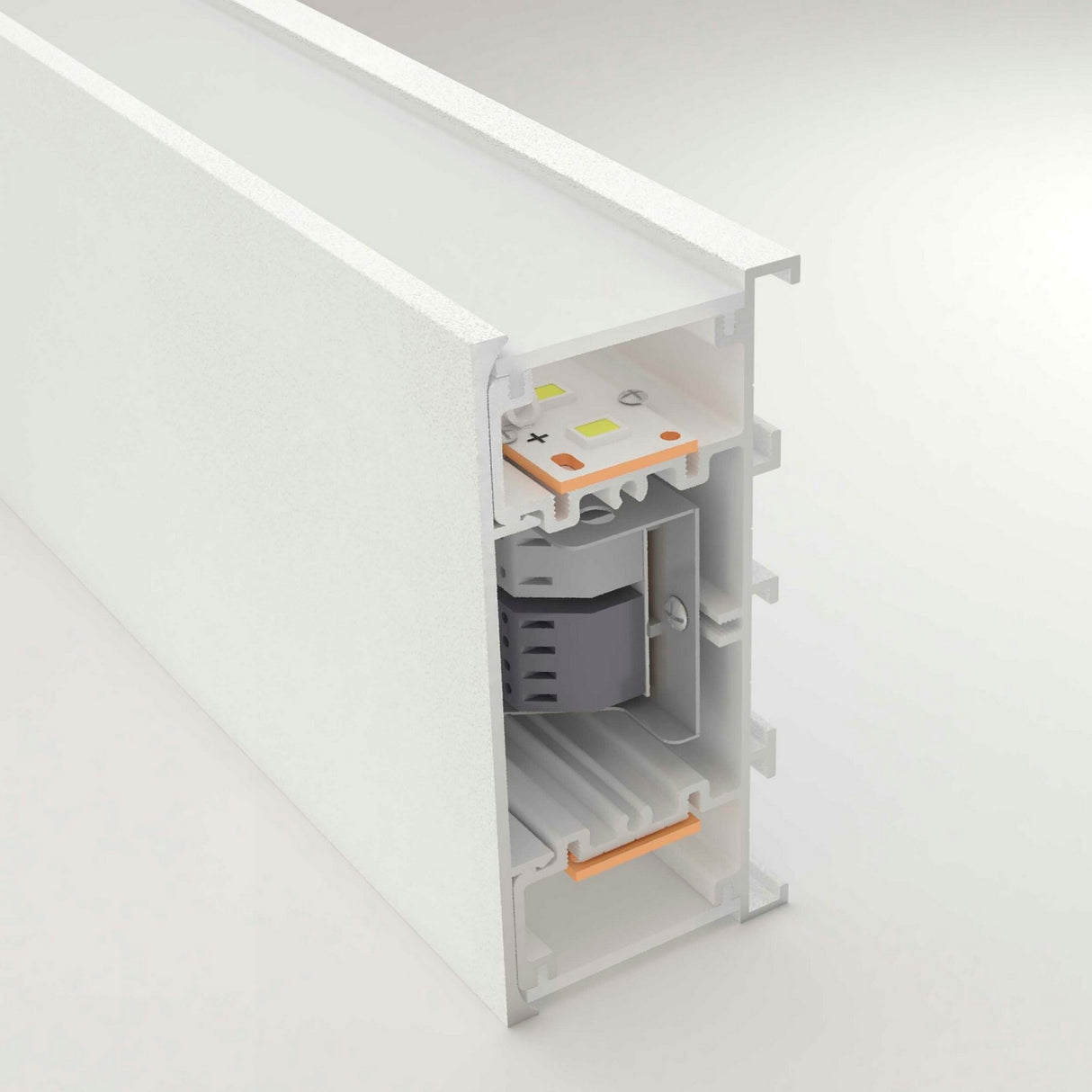 Close-up of the Up & Down Wall Feature Lighting LED Profile ~ Model New Washington: a white rectangular housing with visible circuit board, LED chips, and internal connections—perfect for up & down lighting or architectural accents.