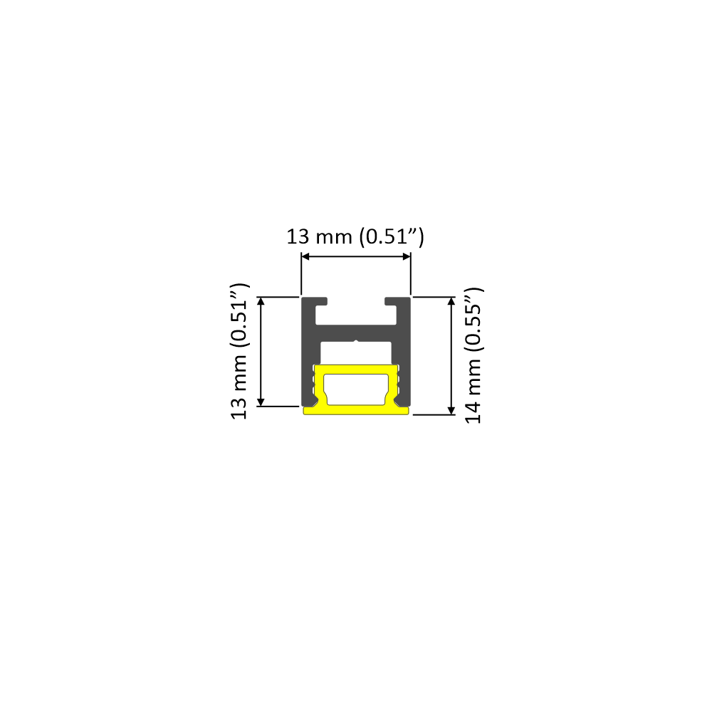 Cross-section diagram of the 0.51″ Suspended/Surface Mount Bendable LED Channel ~ Model Bend8, shown as a bendable profile with a yellow base and dimensions of 13 mm (0.51″) wide by 14 mm (0.55″) tall.
