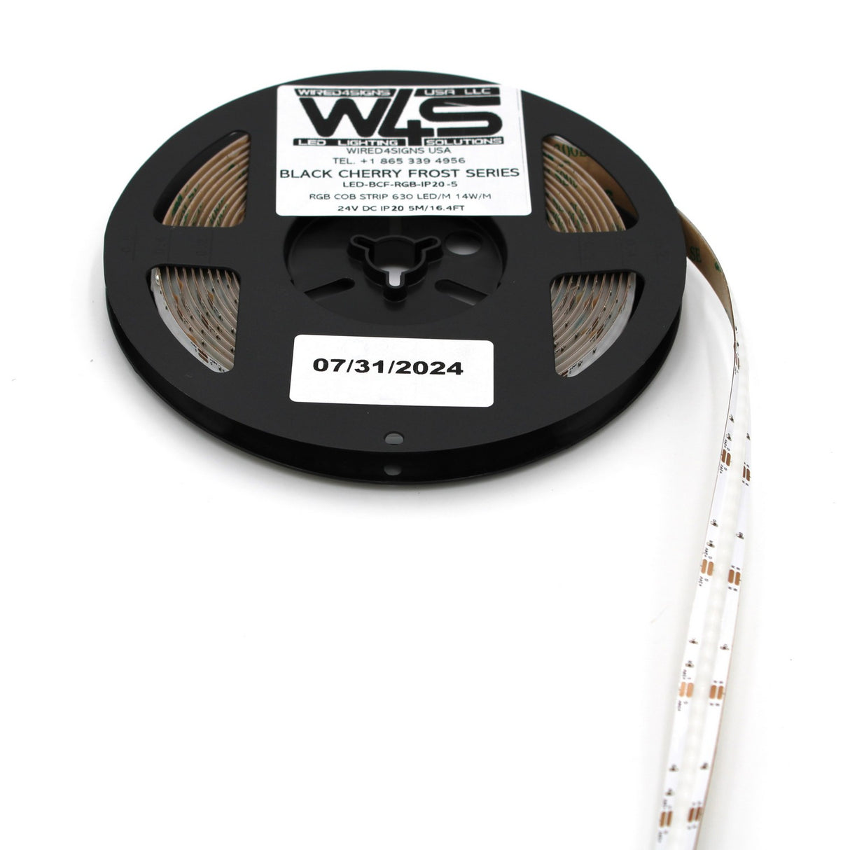 A partially unspooled RGB COB IP20 LED Strip (24V) from the Black Cherry Frost Series, labeled with a 07/31/2024 sticker, is displayed on a white background.
