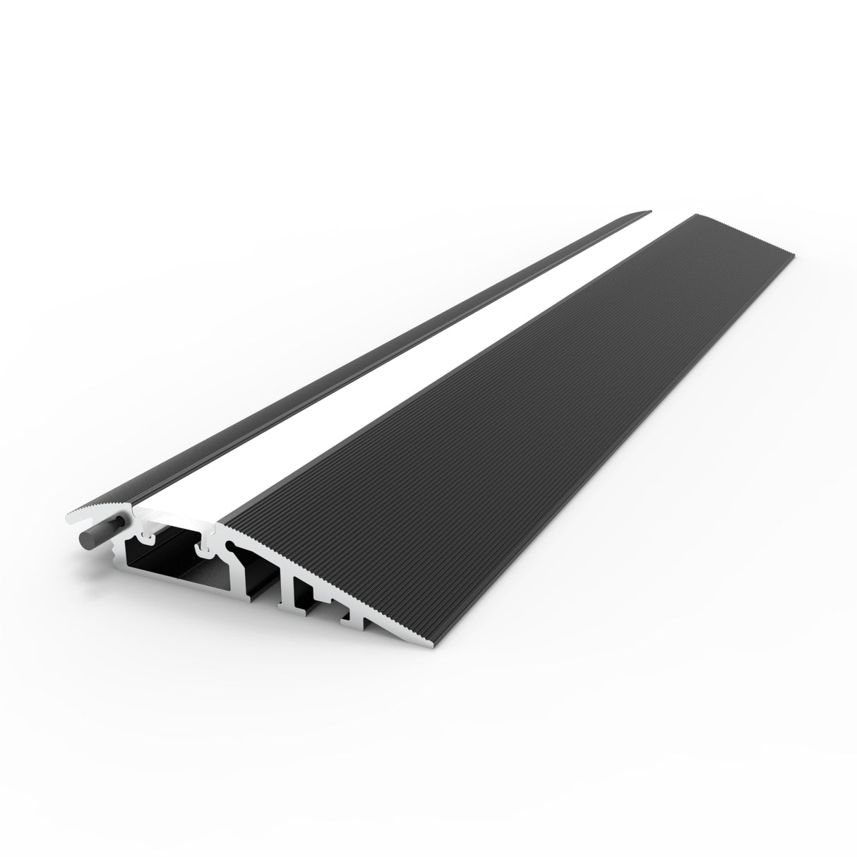 The Floor Transition Strip LED Channel ~ Model Broadway is a silver and black metal ramp with a textured black surface and angled sides, designed for smooth floor level transitions. Shown on a plain white background.